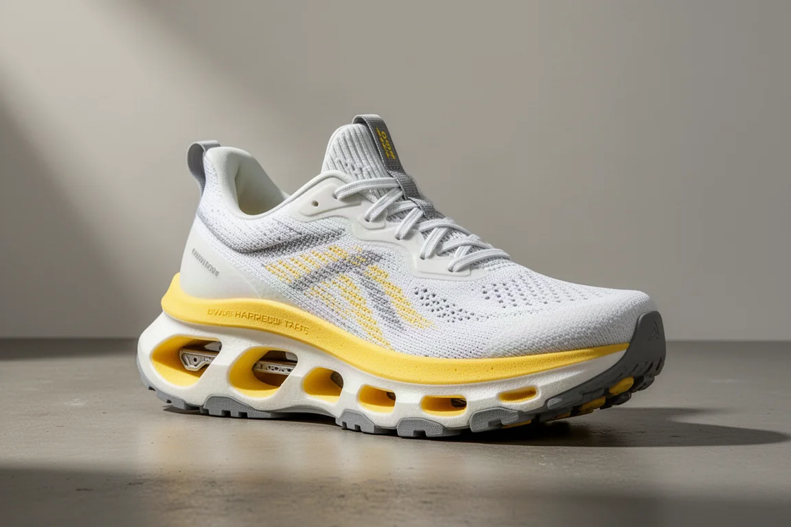 Tall white and yellow running shoe with layered midsole and visible plate cutouts on concrete
