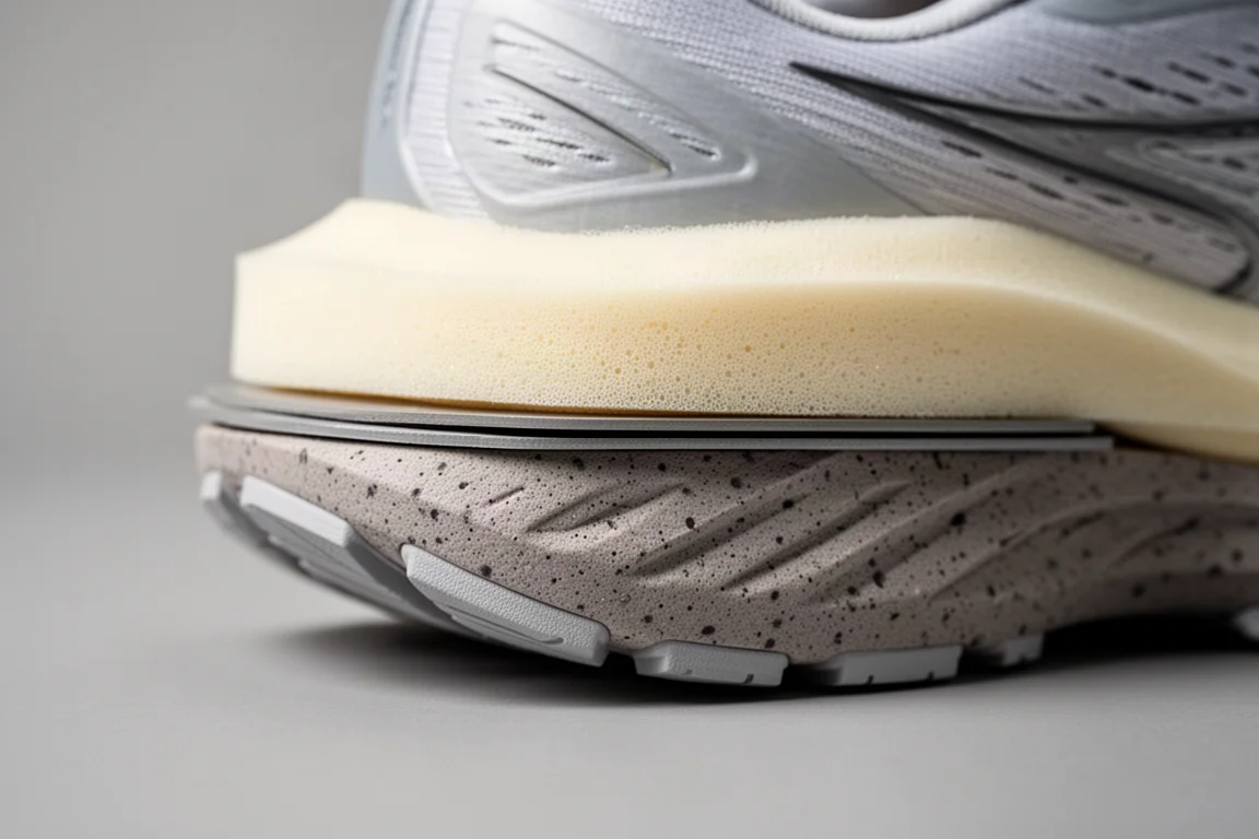 Close-up of a dual-density running shoe midsole showing foam layers and plate