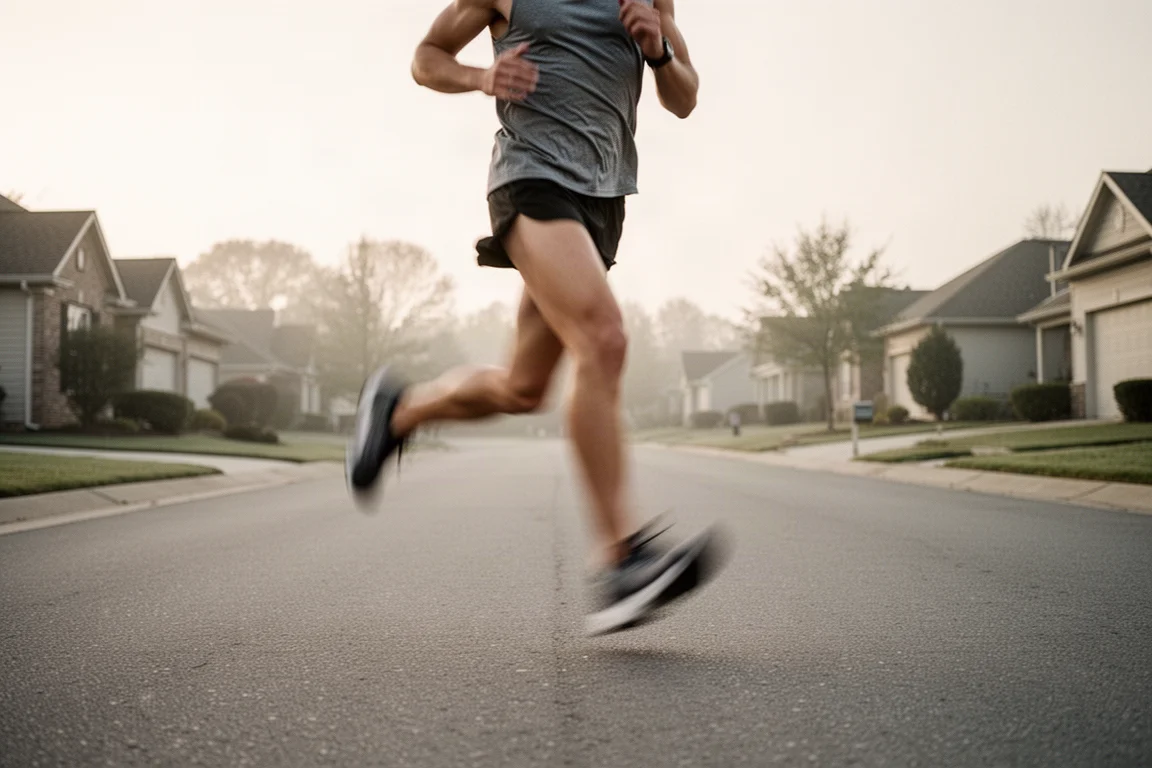 Runner settling into an easy pace on a quiet suburban road in soft morning light