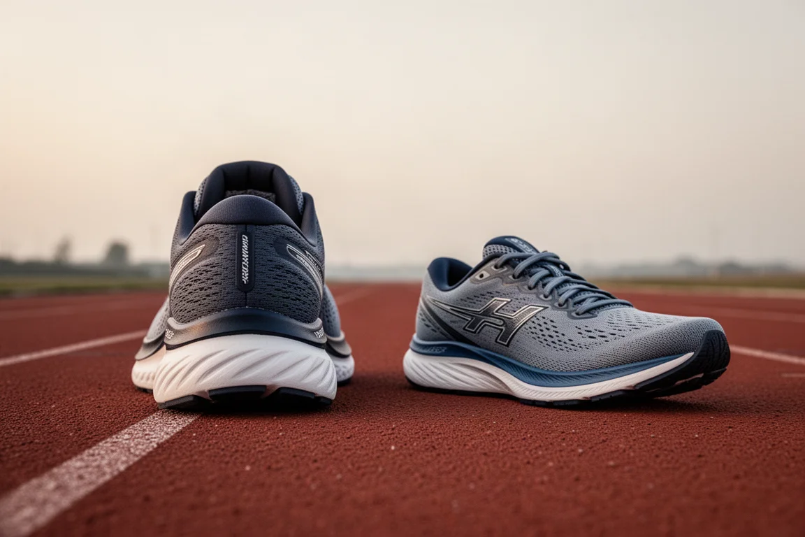 Side-by-side running shoes on a track surface highlighting midsole height difference