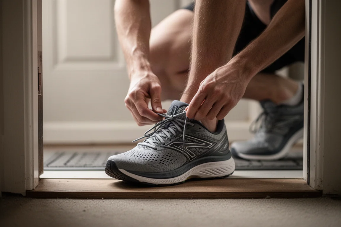 Runner lacing up shoes on a doorstep before a long run