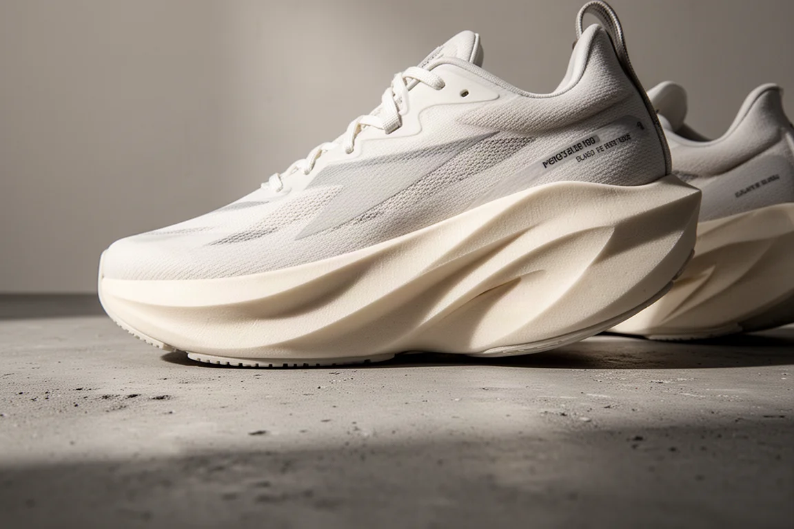 Primo piano di una piattaforma midsole larga e stabile su una scarpa da running