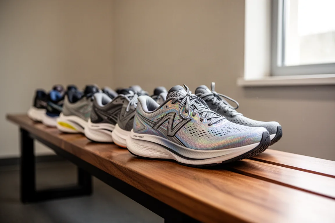 Scarpa da running allineate su uno scaffale in una collezione da allenamento