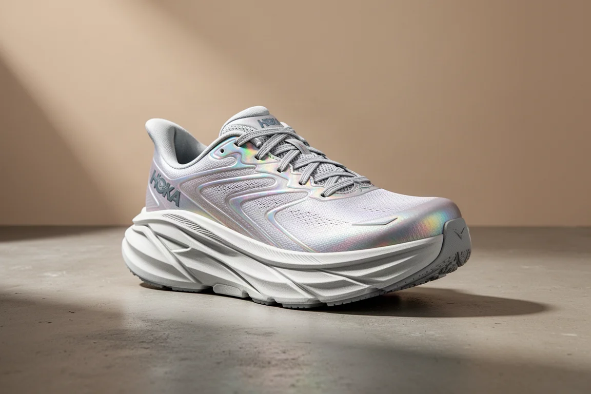 Hoka Mach X running shoe with iridescent upper on concrete surface