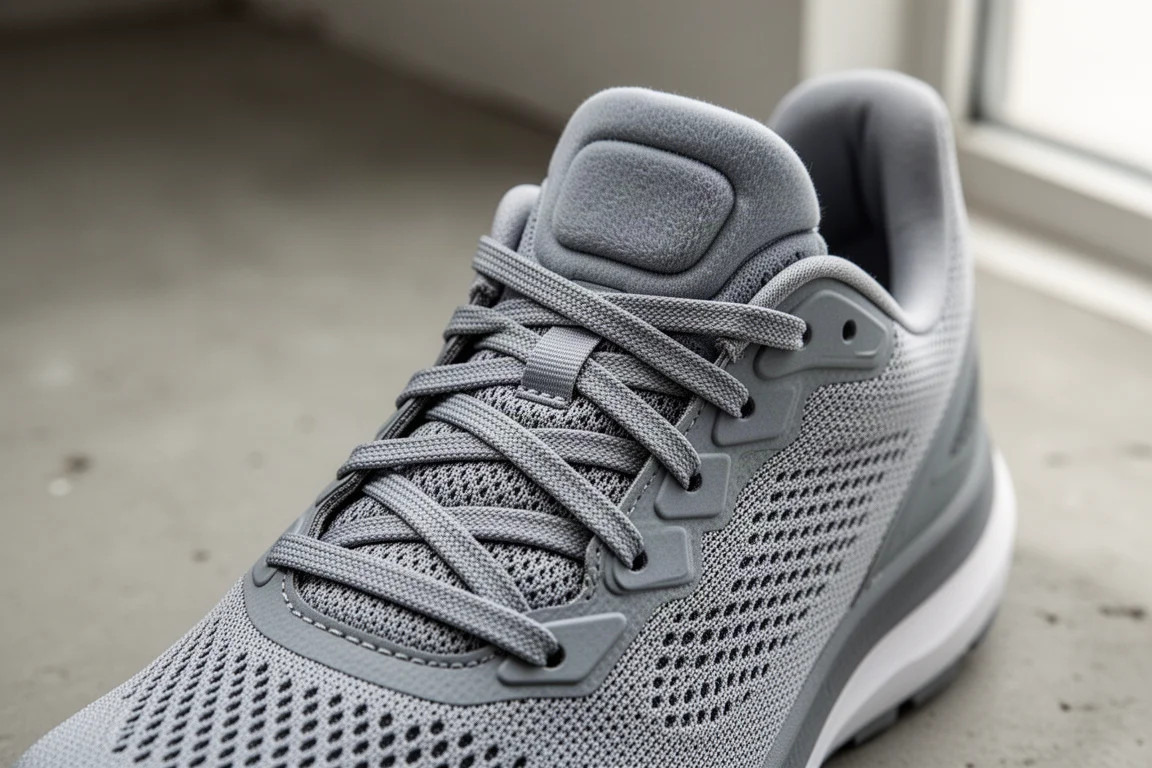 Close-up of a running shoe upper showing laces and tongue padding