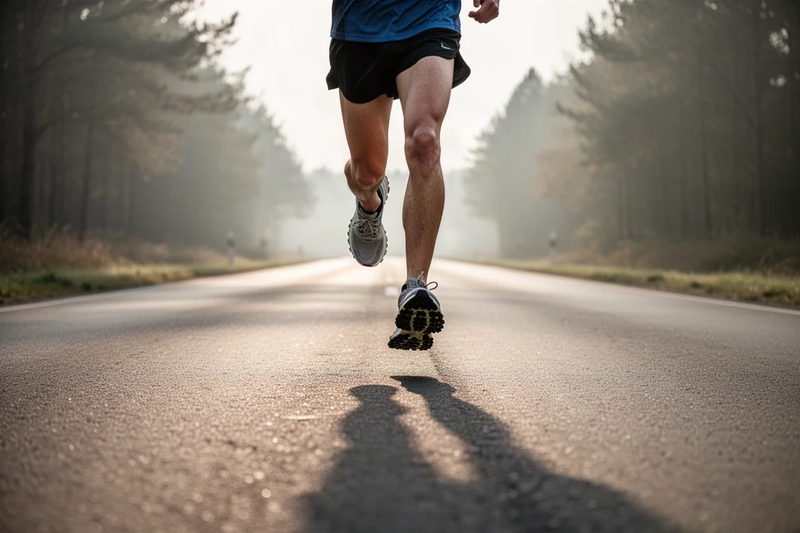 Runner finishing a long run on a quiet road in morning light