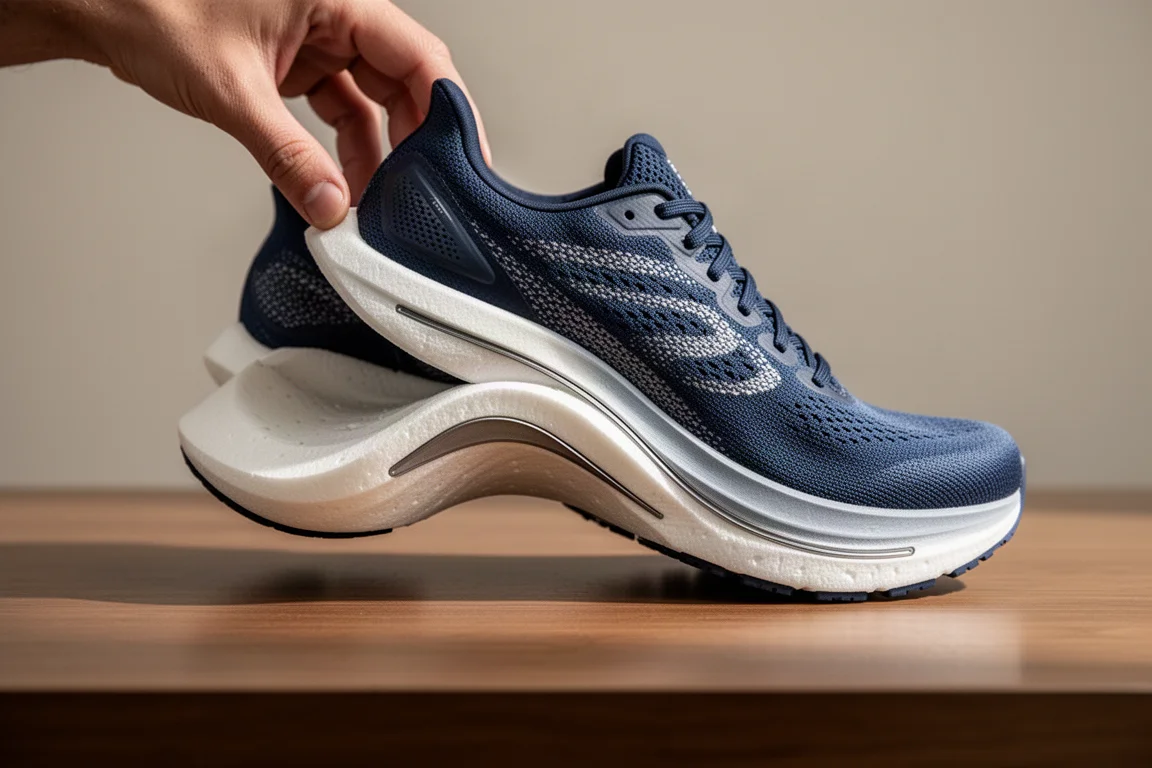 Hand flexing a running shoe to show midsole bend and responsiveness