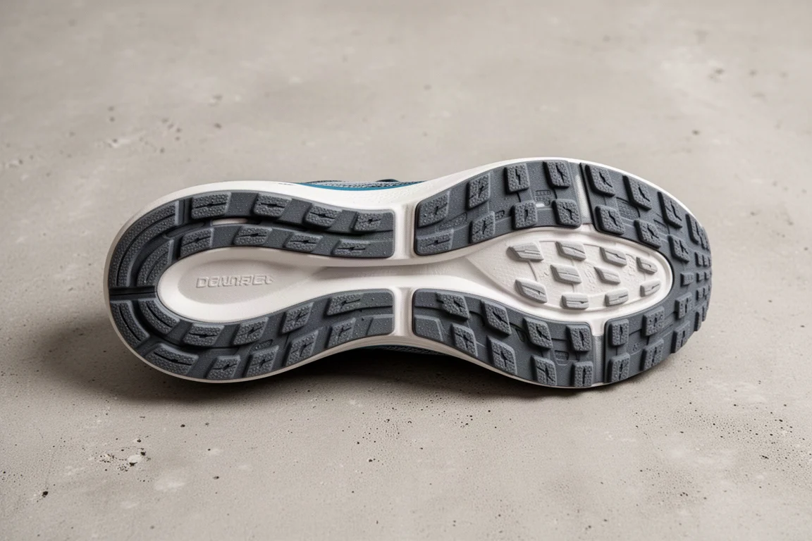 Outsole of a running shoe showing decoupled groove pattern