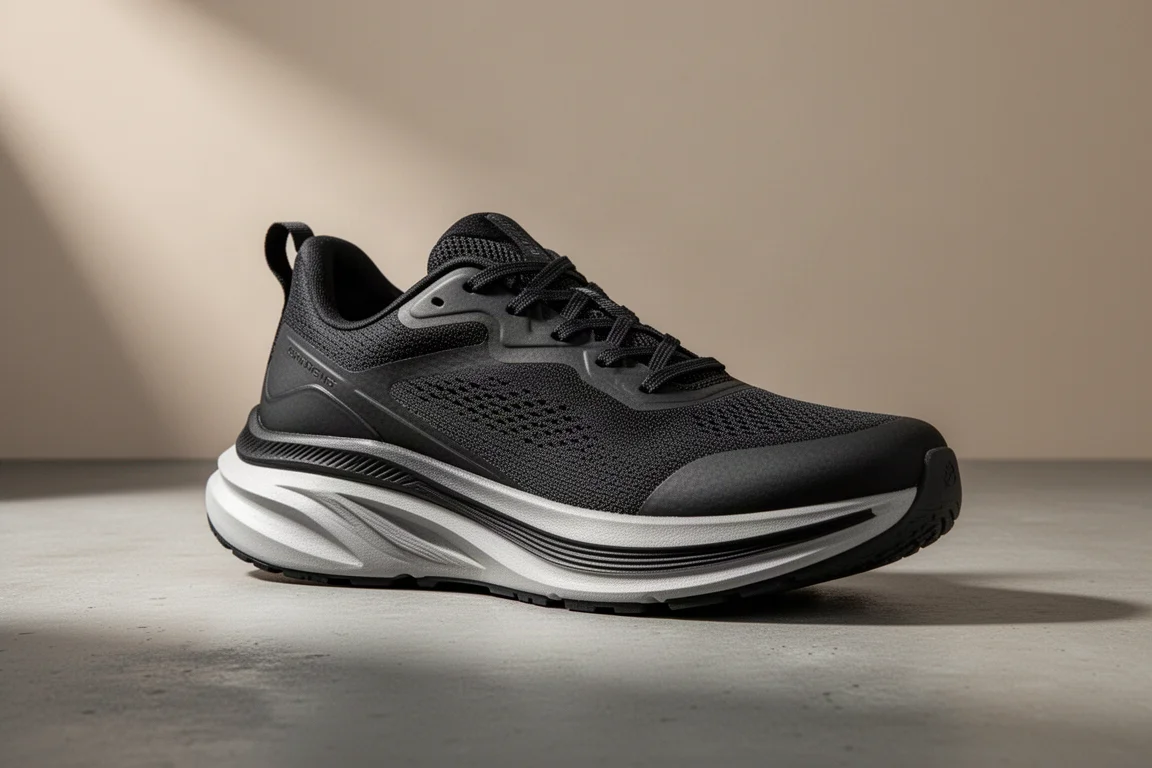 Hoka Mach X Laufschuh mit dicker Mittelsohle auf einer Betonoberfläche