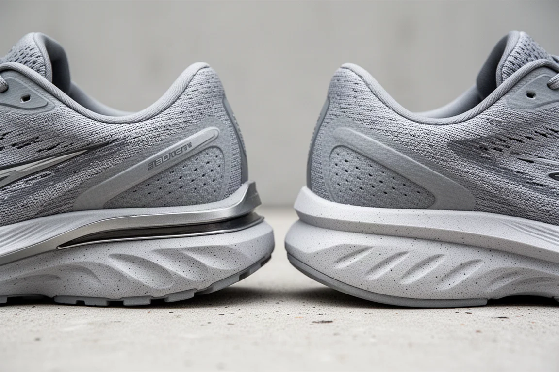 Primo piano di due intersuole da running affiancate che mostrano stack di altezze diverse