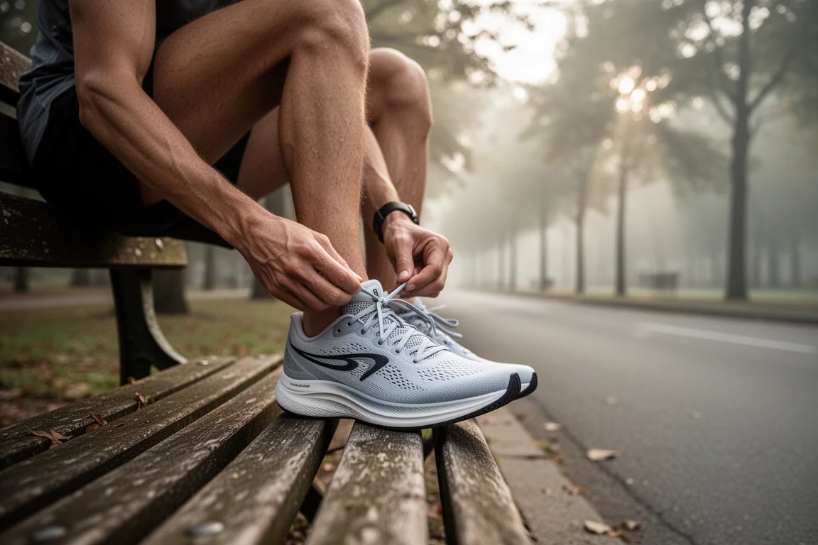 Runner che allaccia i lacci di una daily trainer leggera prima di una corsa su strada