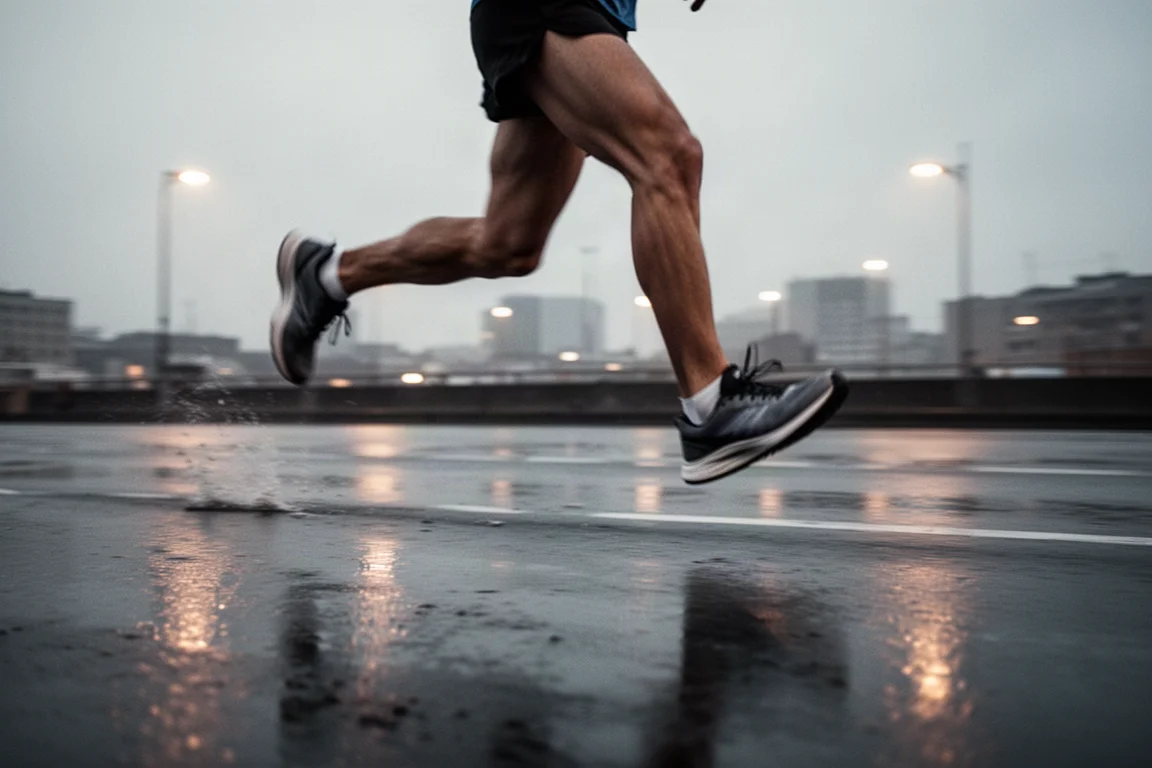 Gambe di un runner in movimento su asfalto bagnato durante un fast tempo run