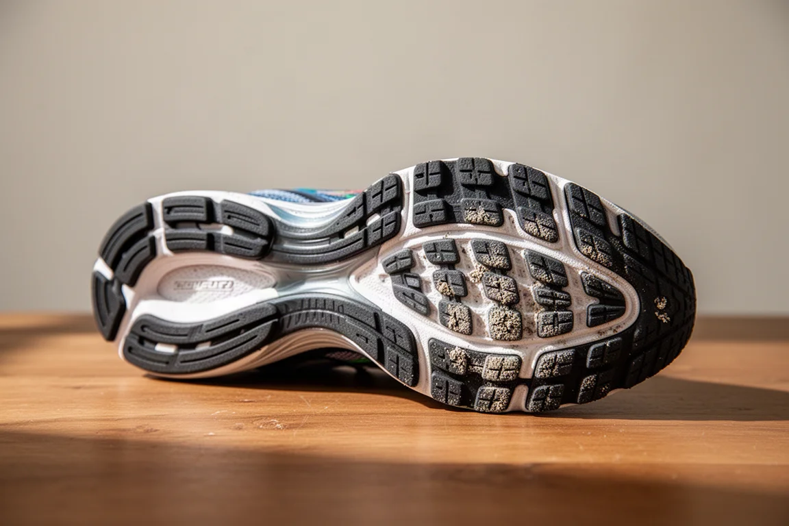 Suola di una scarpa da running consumata che mostra l'abrasione sull'avampiede