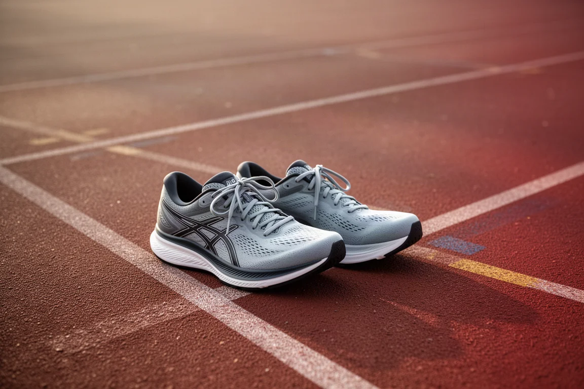Coppia di scarpe da running appoggiate su una corsia di atletica dopo un allenamento a tempo