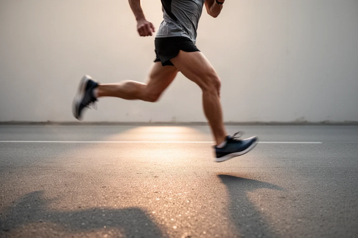 Runner a metà falcata su asfalto liscio durante un allenamento mattutino