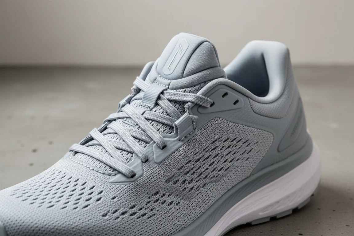 Dettaglio del tomaia di una scarpa da running con trama a mesh e lingua imbottita