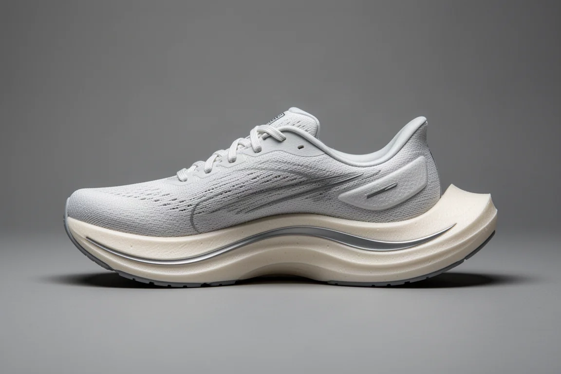 Schiuma del midsole ad alto stack e geometria rocker curva visti di lato