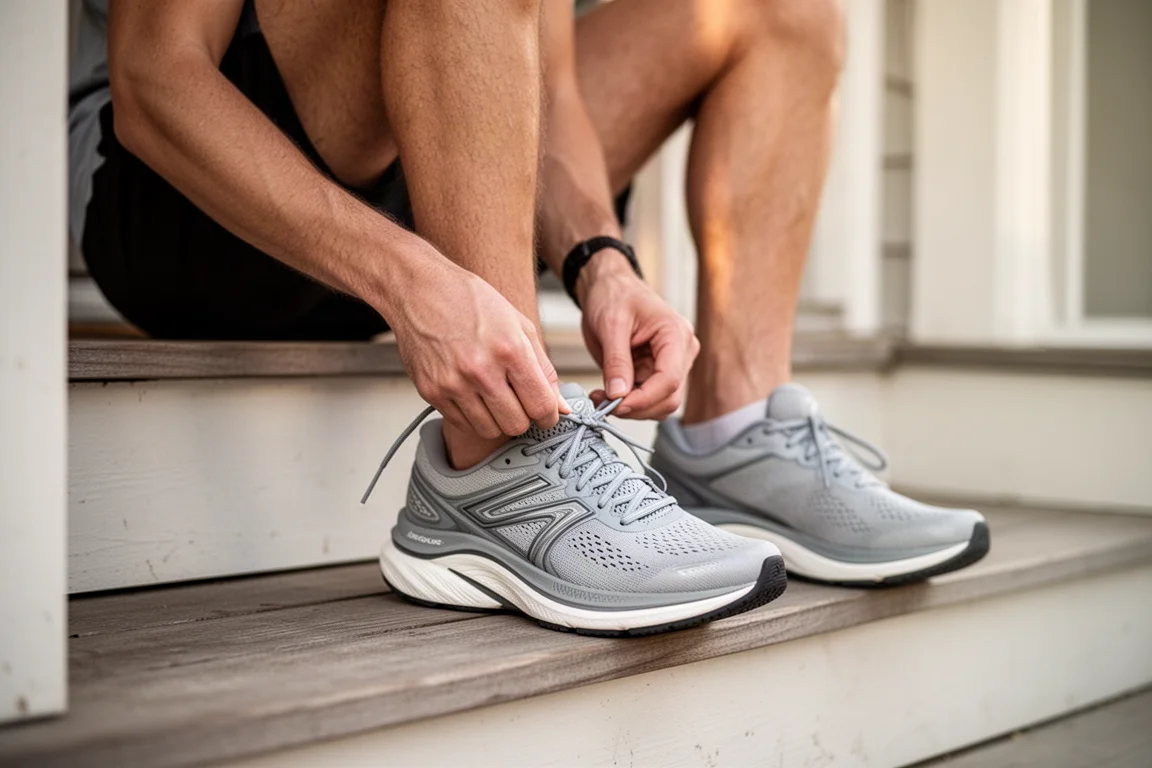 Runner lacing up a pair of high-stack running shoes on a porch before an early morning run