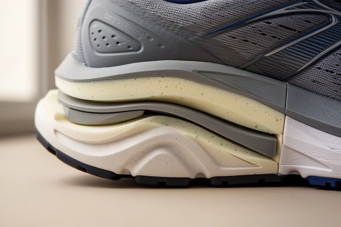 Close-up of a sculpted running shoe midsole showing a full-length plate layer