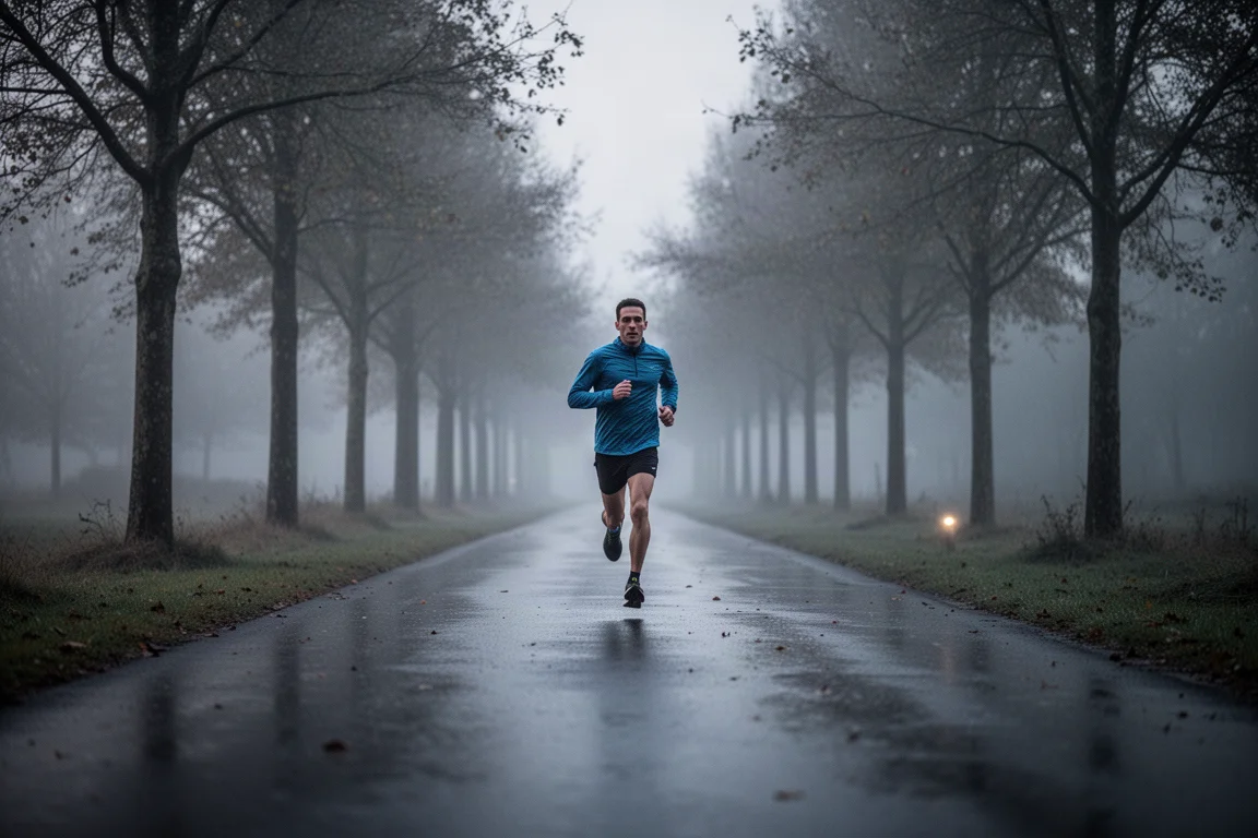 Runner training on wet tarmac path at dusk