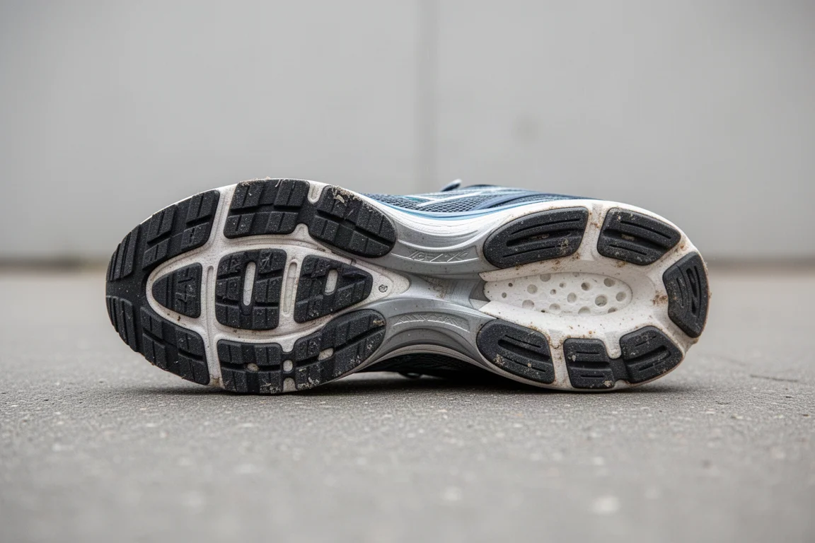 Worn outsole of a running shoe resting on pavement showing rubber coverage