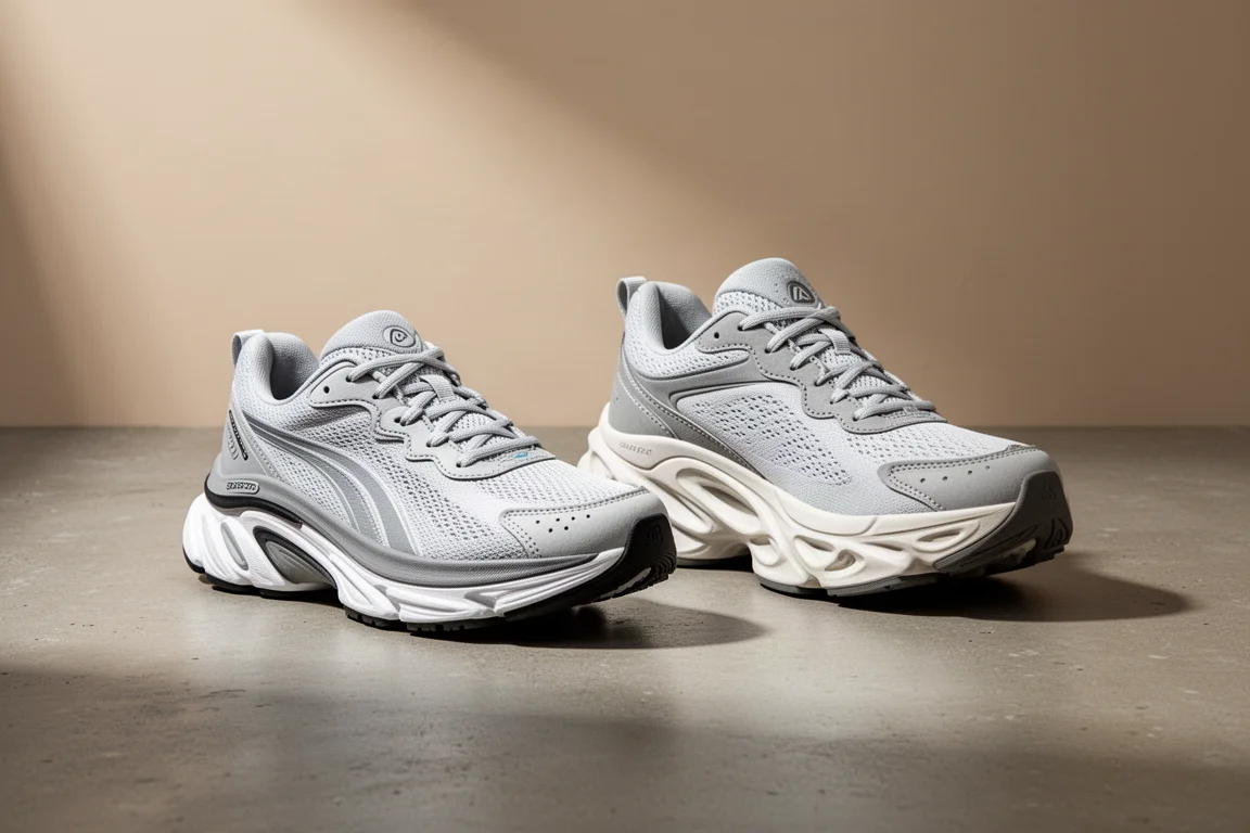 Two high-stack running shoes side by side on a concrete surface
