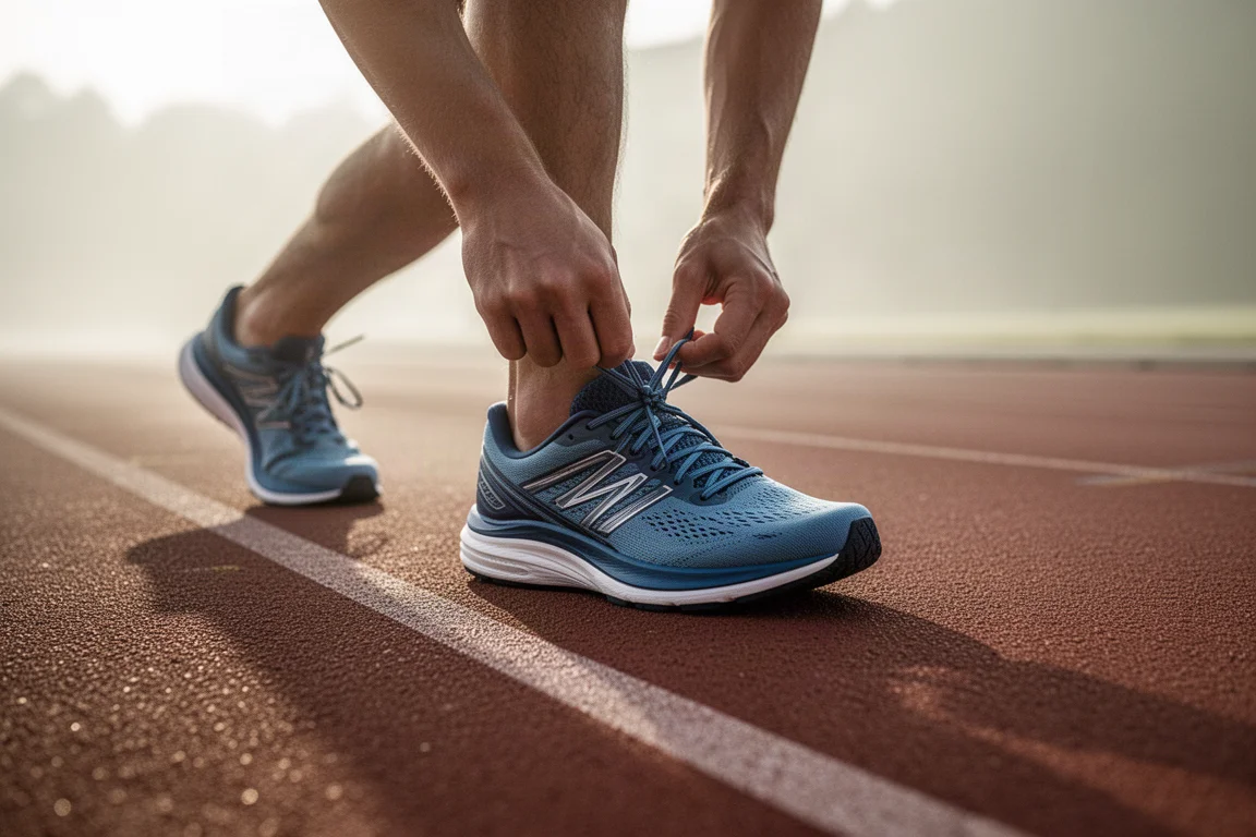 Runner lacing up a tempo trainer on a track in early morning light