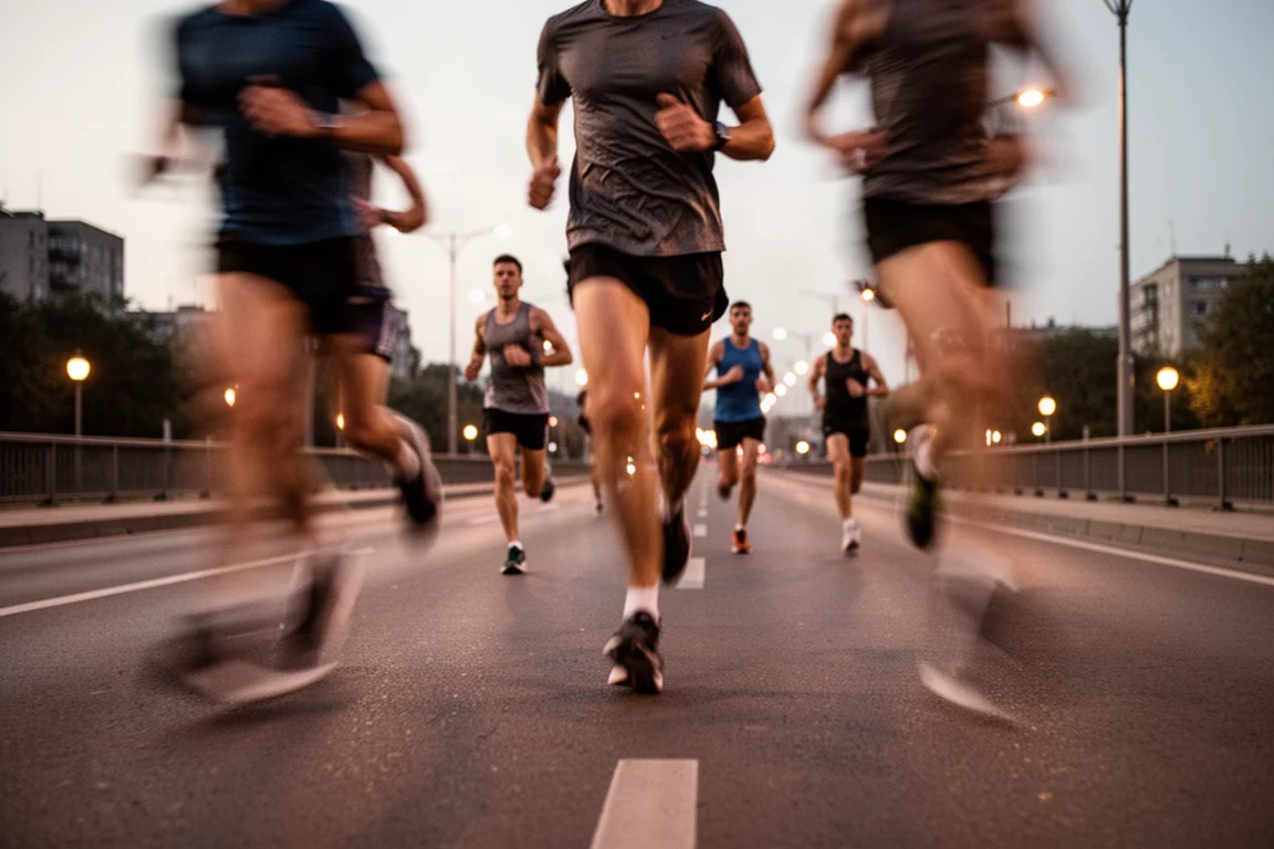 Group of runners running tempo intervals on a road at dusk