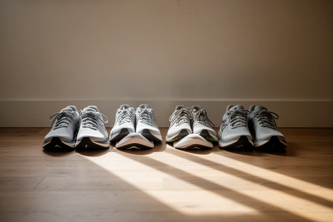 Running shoes lined up by a doorway before a morning run