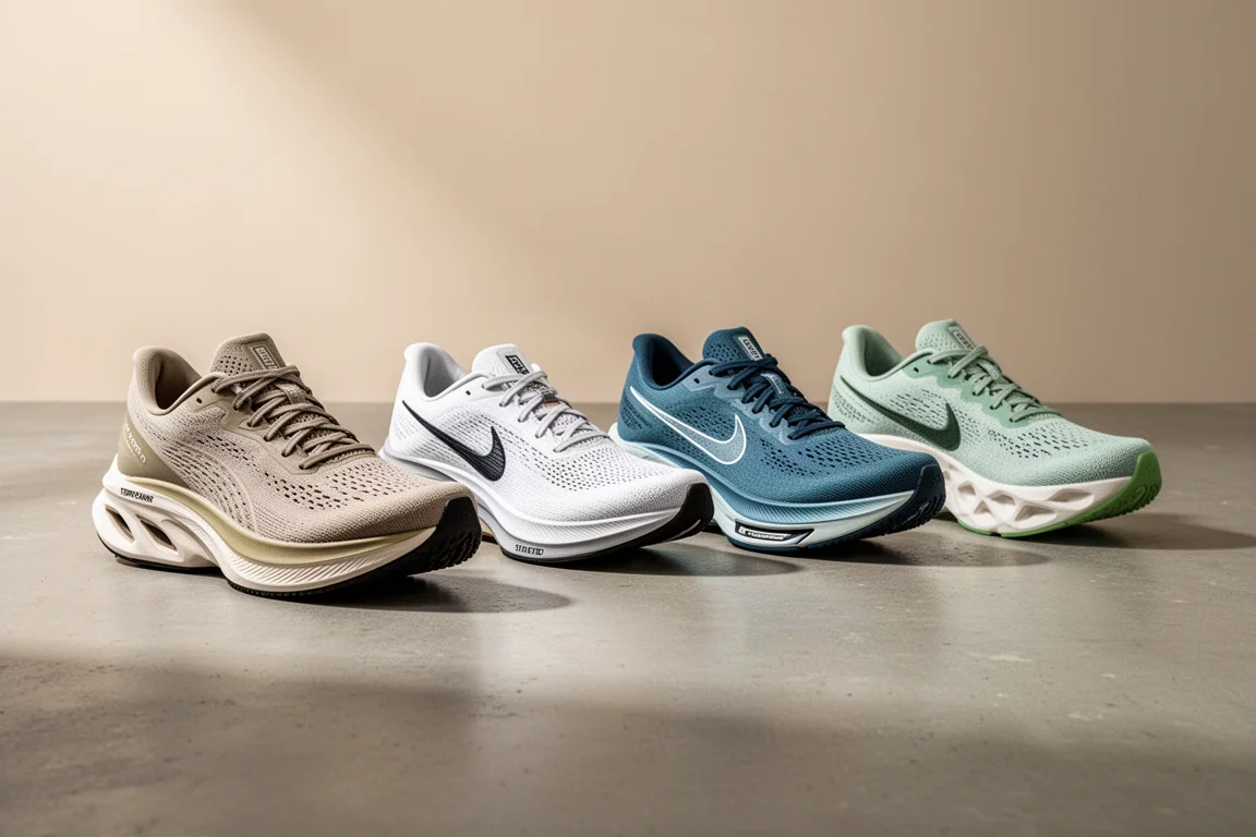 Four tempo running shoes arranged in a row on a concrete surface