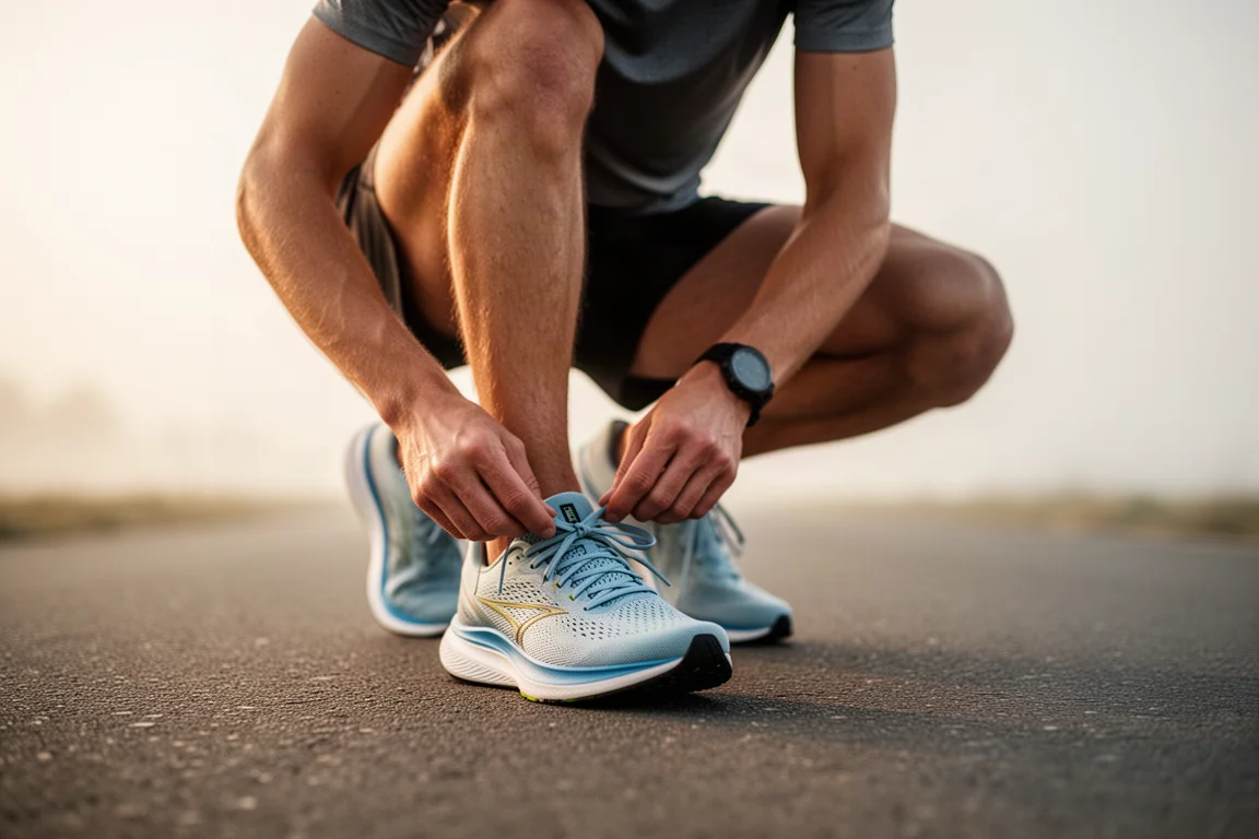 Runner lacing up a lightweight running shoe on a morning street