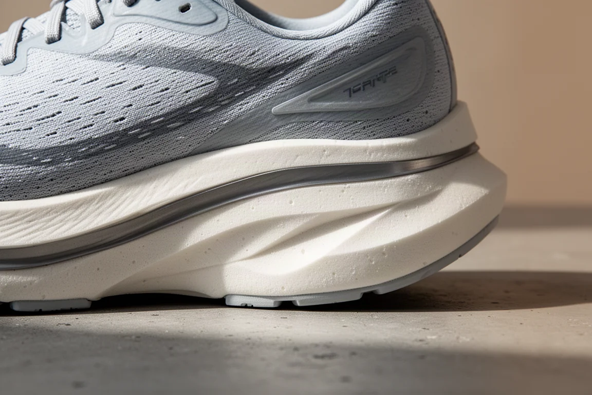 Cross-section view of a layered midsole with foam and plate