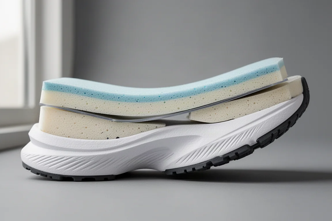Primo piano della intersuola di una scarpa da running con schiume stratificate e piastra incorporata