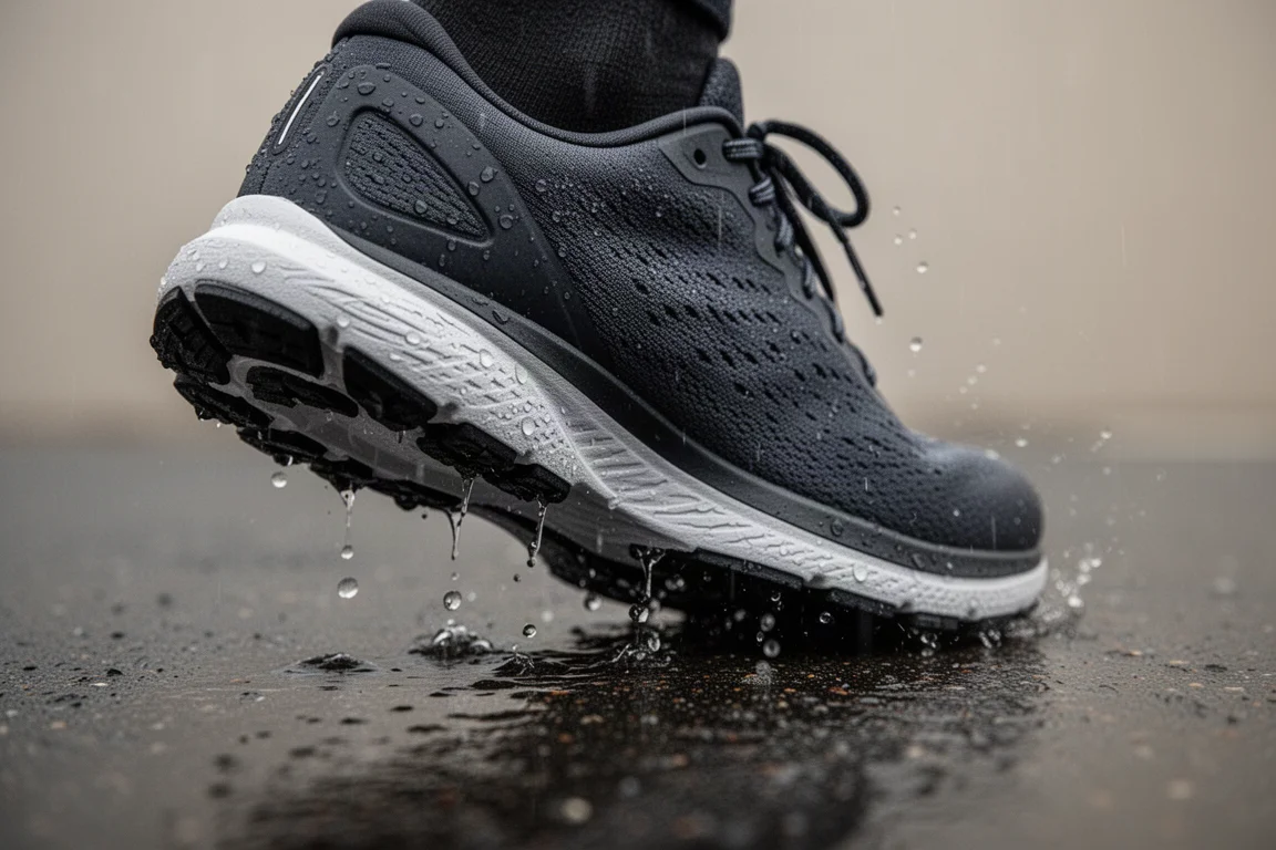 Asfalto bagnato con la suola esterna di una scarpa da running che aderisce durante una pioggia leggera