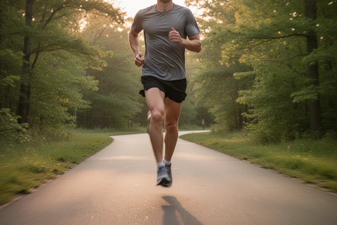 Corridore che avanza lungo un sentiero nel parco con la luce calda della sera