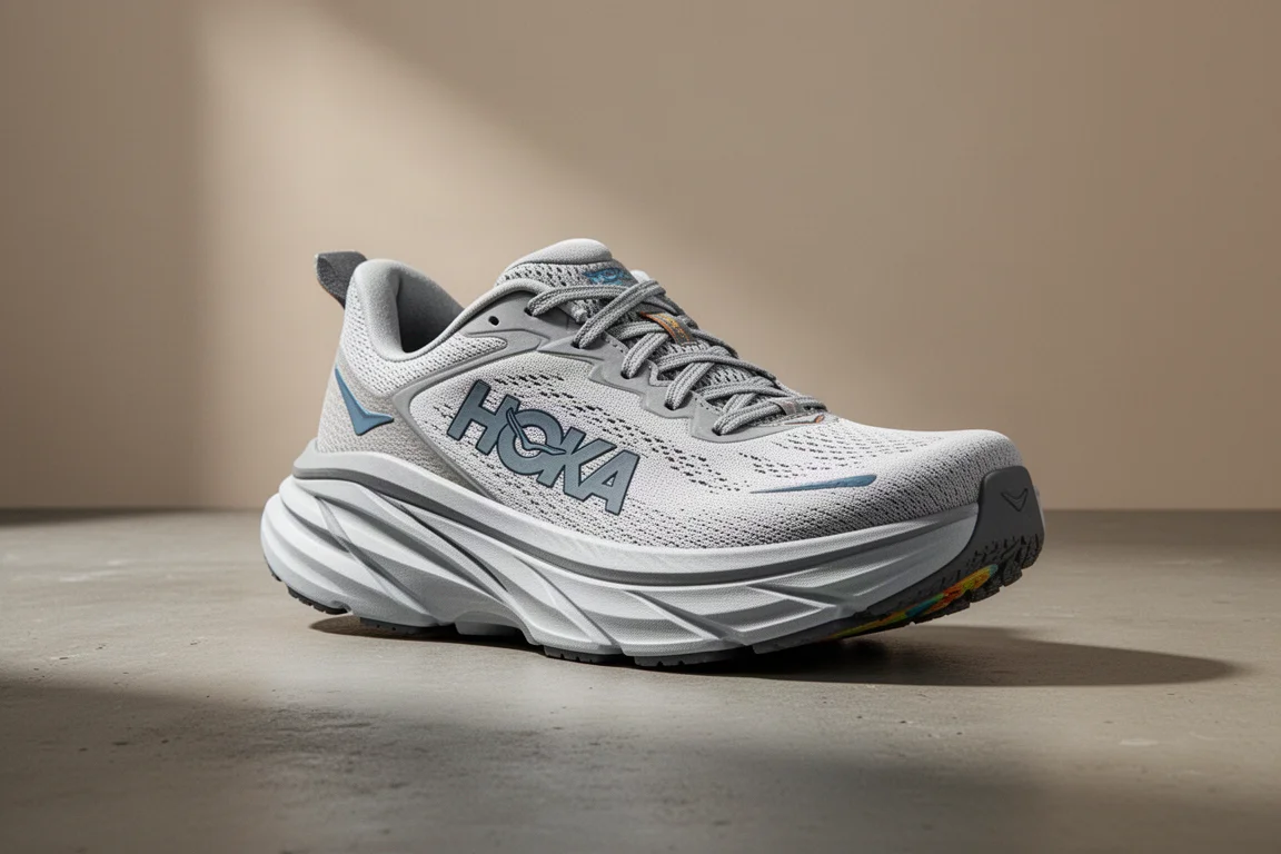 Hoka Mach X2 running shoe with thick layered midsole on a concrete surface