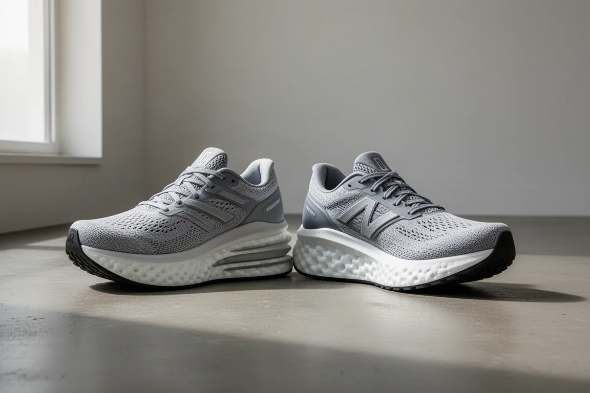 Two premium running shoes side by side on a concrete studio floor