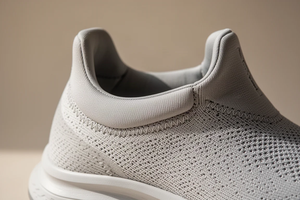 Close-up of a lightweight woven running shoe upper showing its thin heel collar
