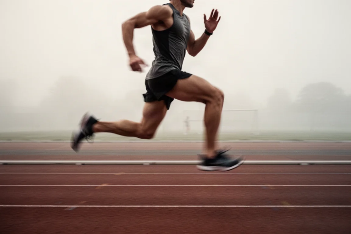 Runner completing a fast interval session on an athletics track