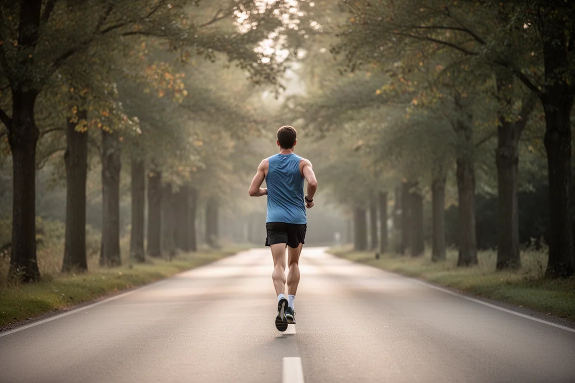 Runner moving steadily along a quiet tree-lined road on a long run