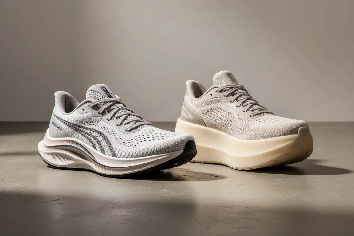 Hoka Mach X2 and Asics SuperBlast 2 running shoes side by side on concrete