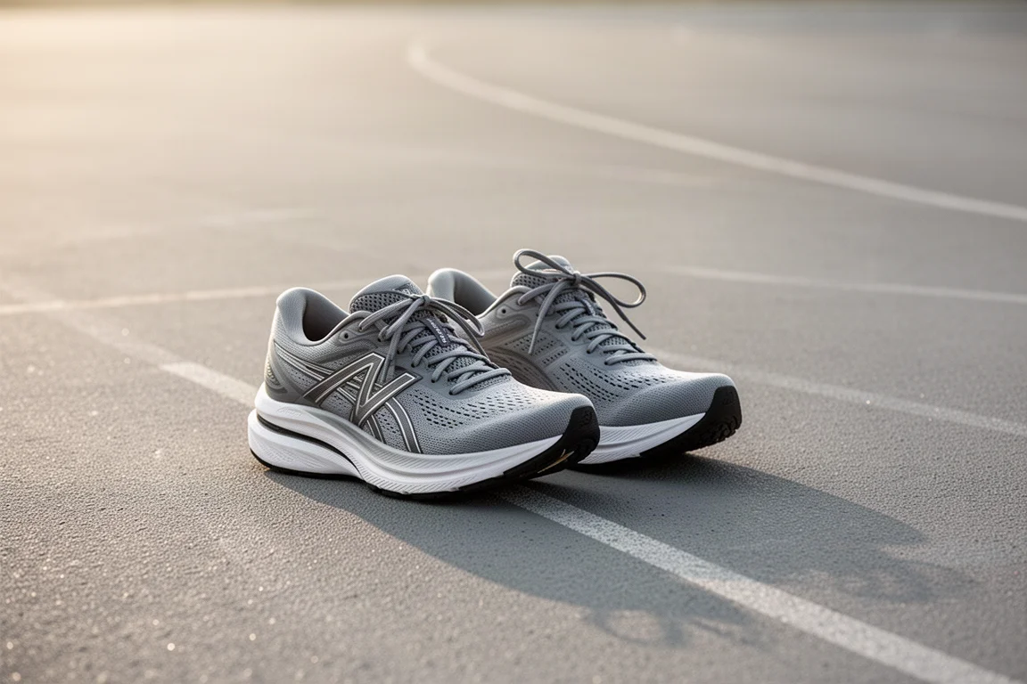 Due scarpe da running ad alto stack affiancate su una superficie di pista in cemento