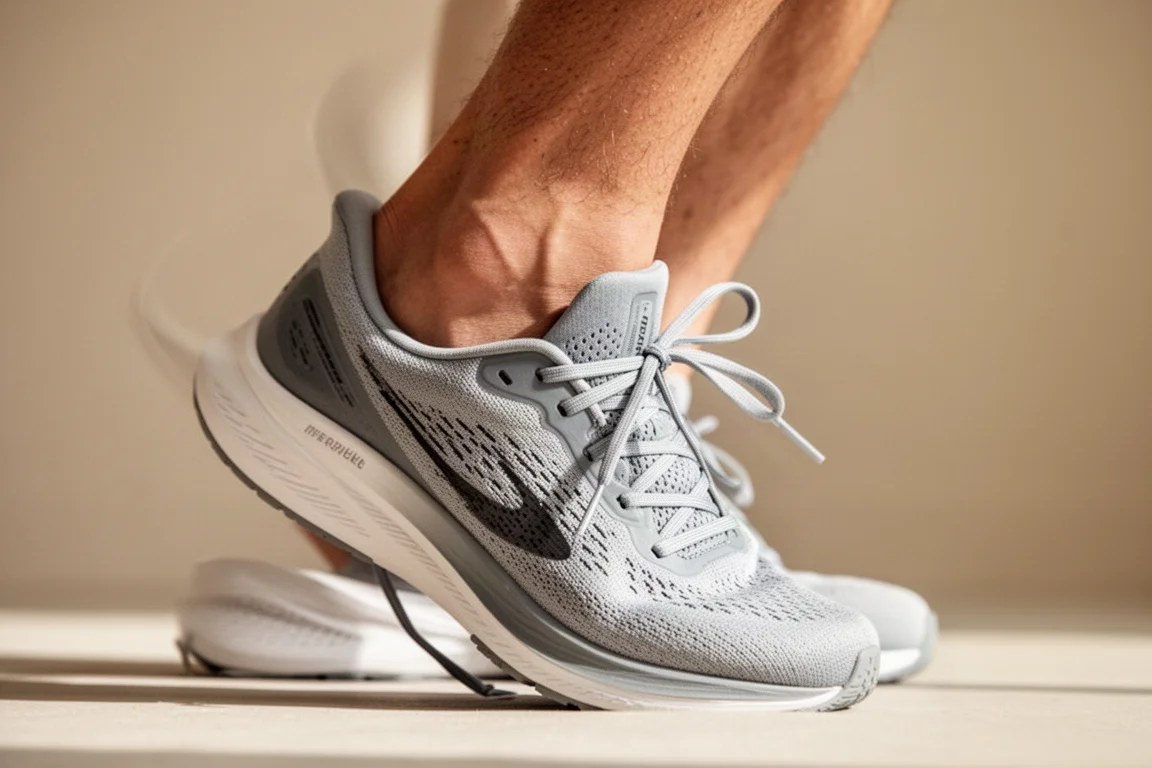 Primo piano del piede di un runner bloccato nel tallone avvolgente di una scarpa da running