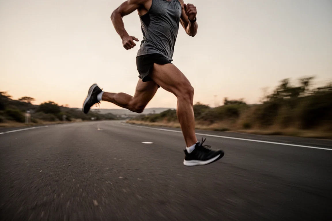 Runner che accelera durante intervalli veloci su una strada deserta al crepuscolo