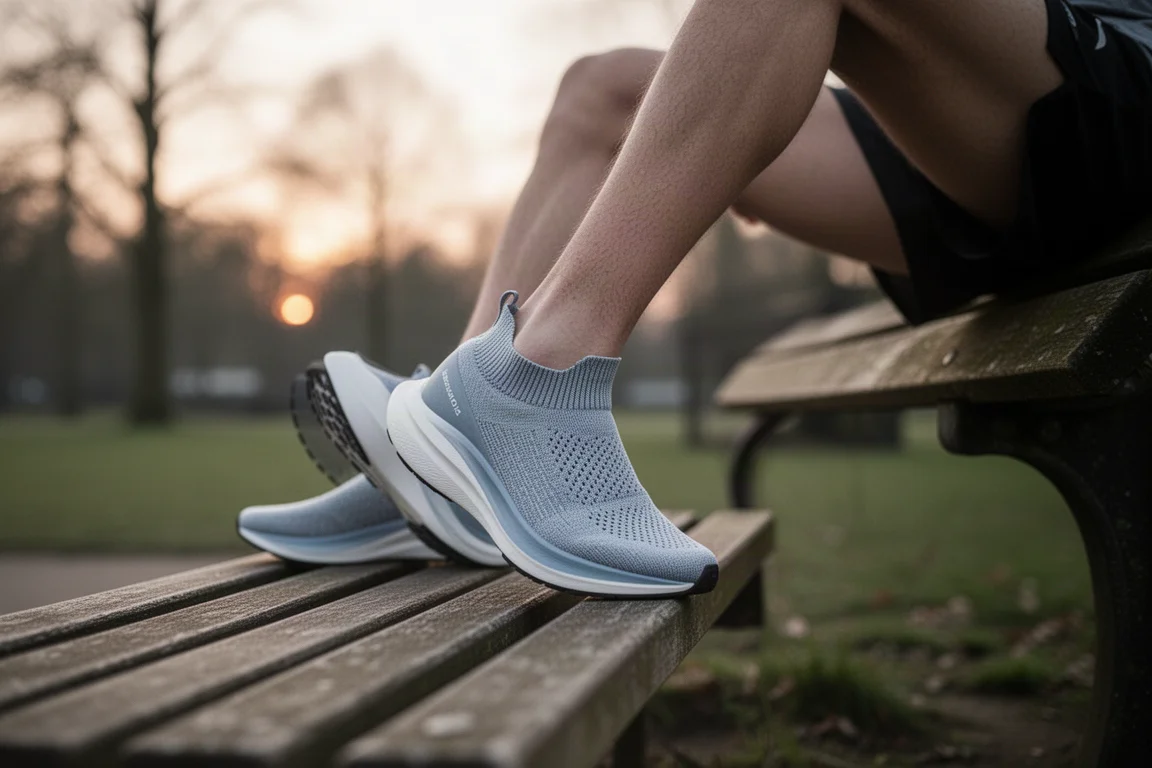 Läufer schnürt bei sanftem Licht an einer Parkbank einen Laufschuh