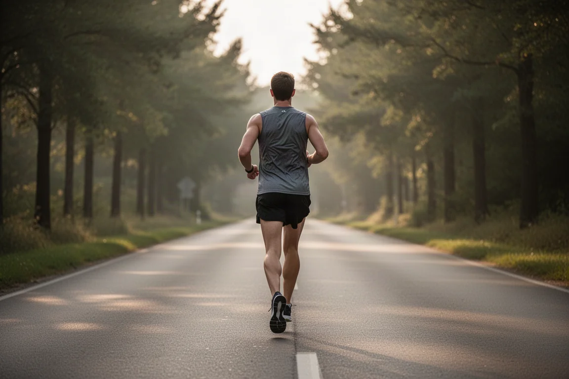 Läufer auf einer stillen Asphaltstraße beim lockeren Langlauf in der Dämmerung