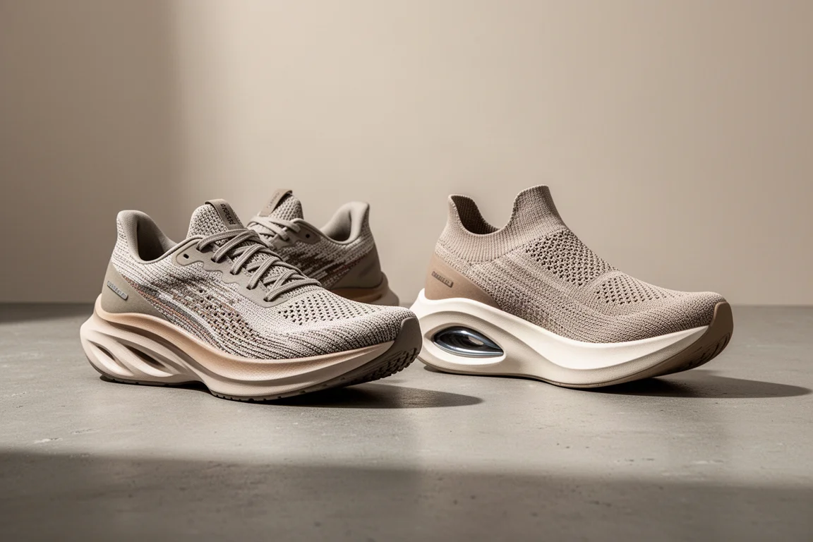 Hoka Mach X2 and Mizuno Neo Vista running trainers side by side on concrete