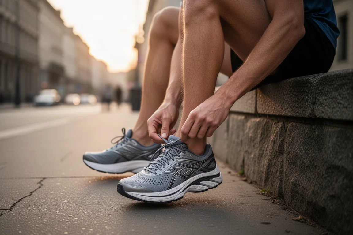 Corredor atándose unas zapatillas de running con placa y gran stack en una calle tranquila