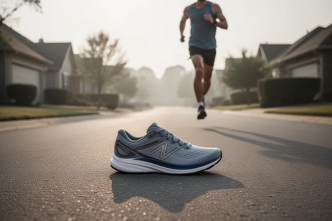 Zapatilla de running con placa en una carretera suburbana durante una tirada larga suave
