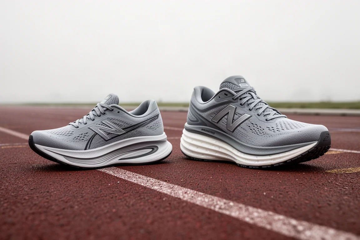 Dos zapatillas de running lado a lado sobre la superficie de una pista para compararlas